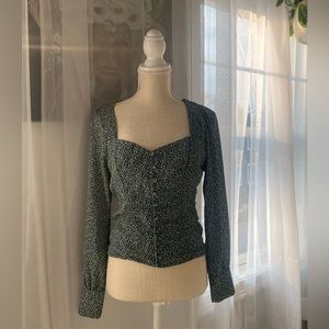 S Abercrombie&Fitch Green&White Long Sleeve Floral Blouse